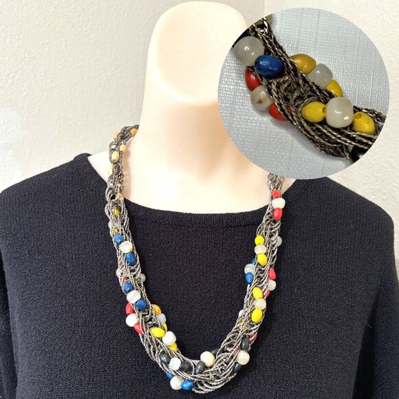 1970s Wire Bead Necklace Artisan Chunky Glass Wood Boho Hippie Indie Retro Vtg